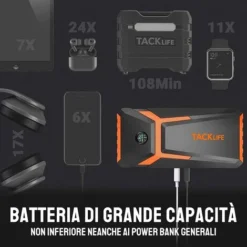 TACKLIFE Avviatore Di Emergenza, 800A 18000mAh, Uscita Morsetti 12V, 2 Uscite USB(5V/9V), QC Carica Rapida, Luce LED, Display LCD, EVA Valigia, Avviatore Batteria Auto(Fino A 7,0L Gas O 5,5 L Diesel)-T8 -TopAuto Ricambi Italia 51233536 3