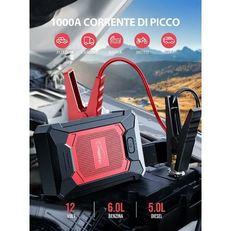 YABER Avviatore Batteria Auto, 1000A Booster Avviamento Auto Portatile Avviatore Emergenza Per Auto/Moto Impermeabile IP66 2 YABER Avviatore Batteria Auto, 1000A Booster Avviamento Auto Portatile Avviatore Emergenza Per Auto/Moto Impermeabile IP66 - immagine 2